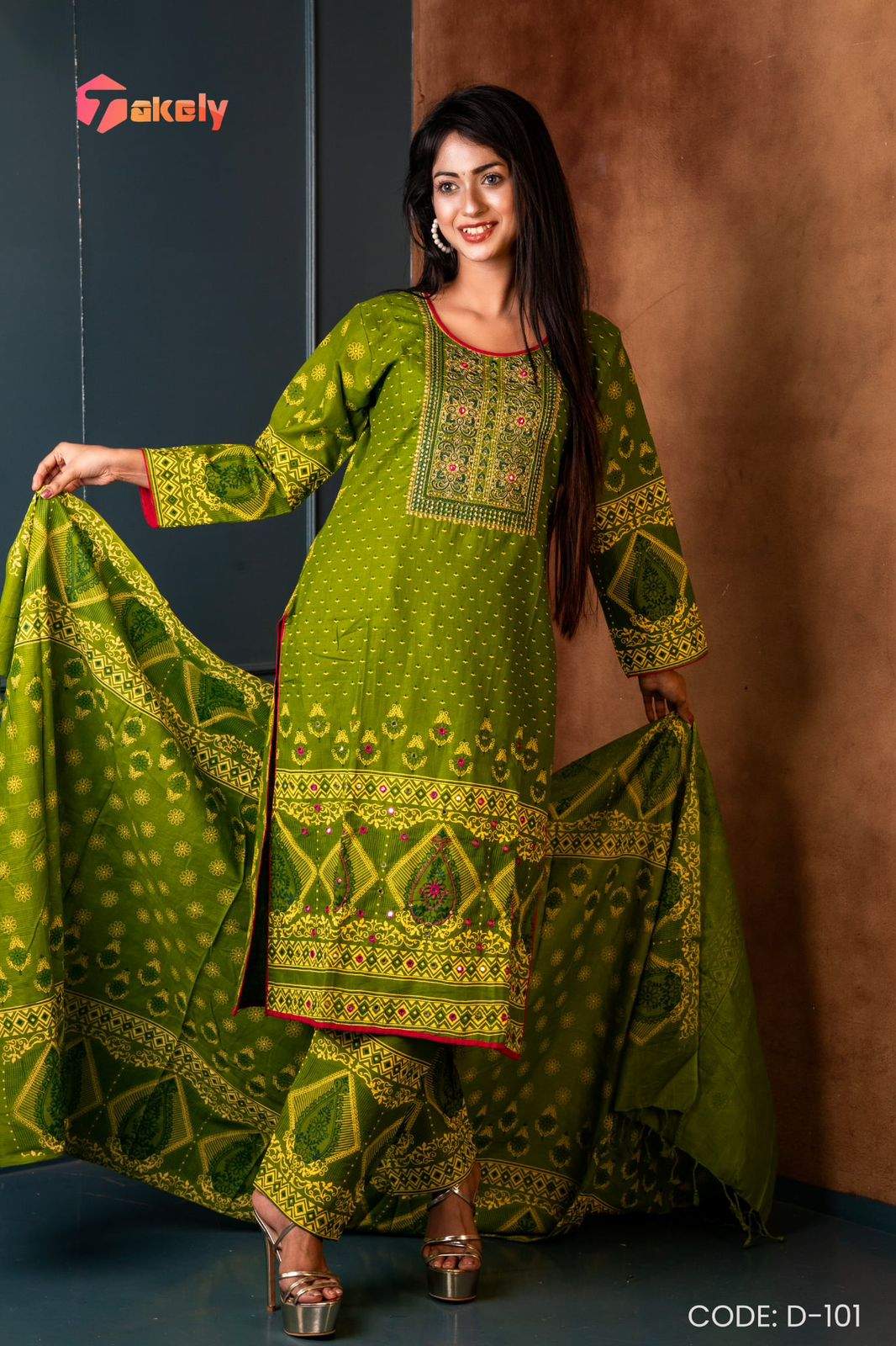 Elegant Green Embroidered and Printed Cotton Three Piece | 101