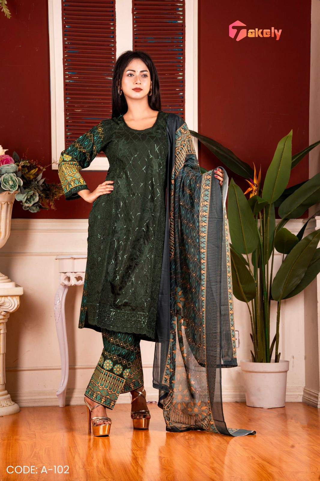 Deep Green Premium Linen Cotton Three Piece | A-102