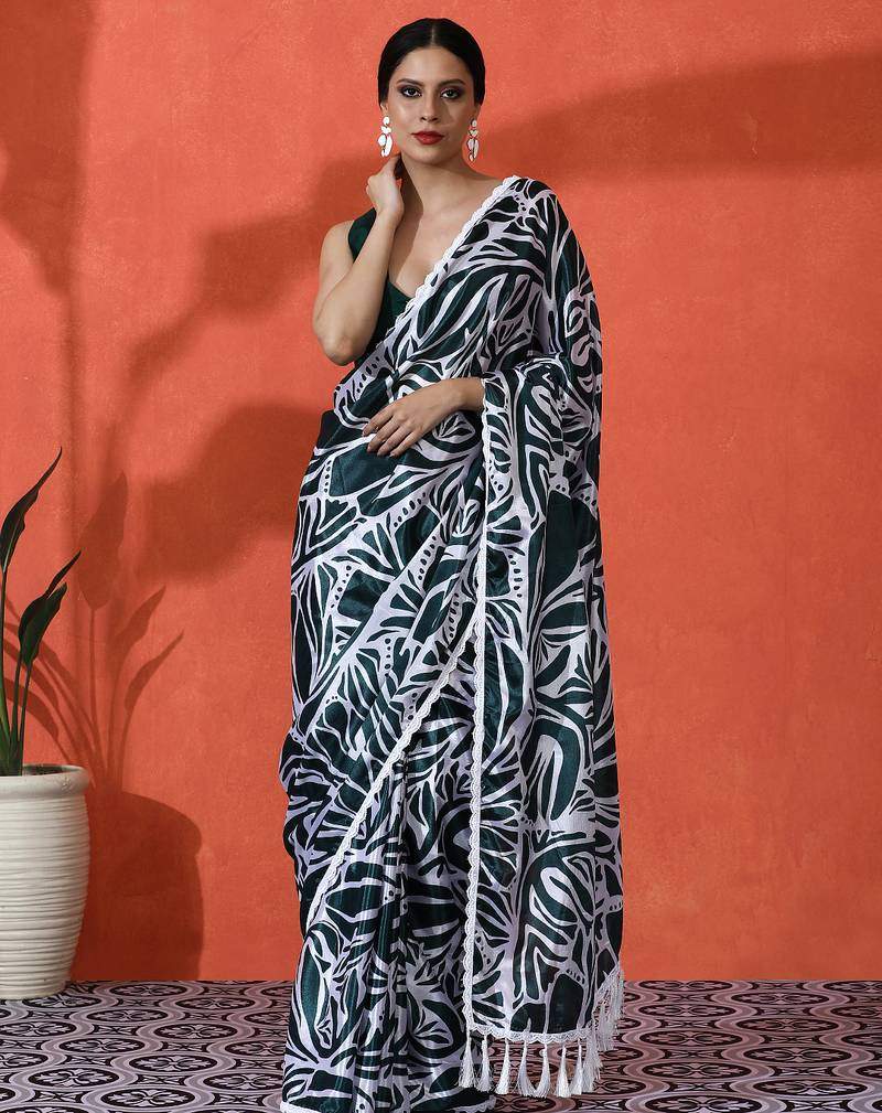 Green chinon digital printed saree | DG-231