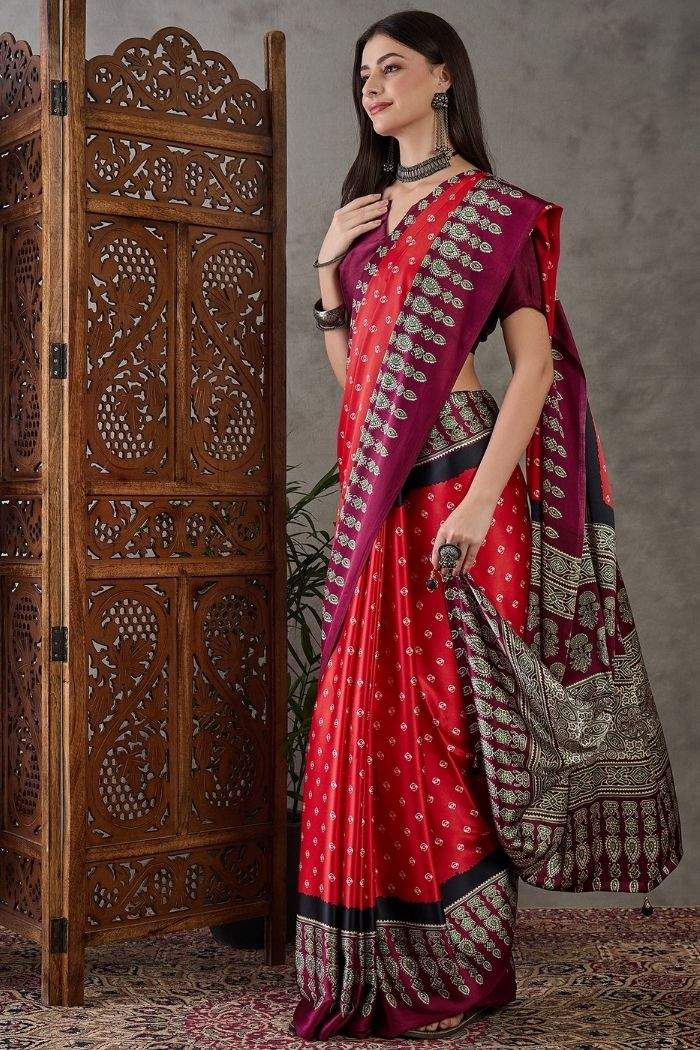 Brick Red Ajrakh Printed Soft Takely Silk Saree | DG-250