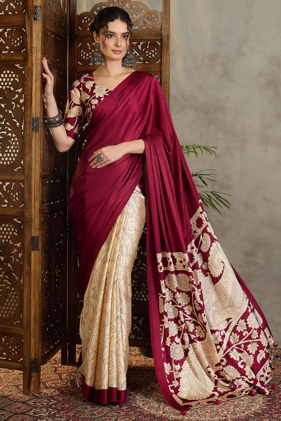 Vintage Maroon Kalamkari Printed Soft Silk Saree | DG-252