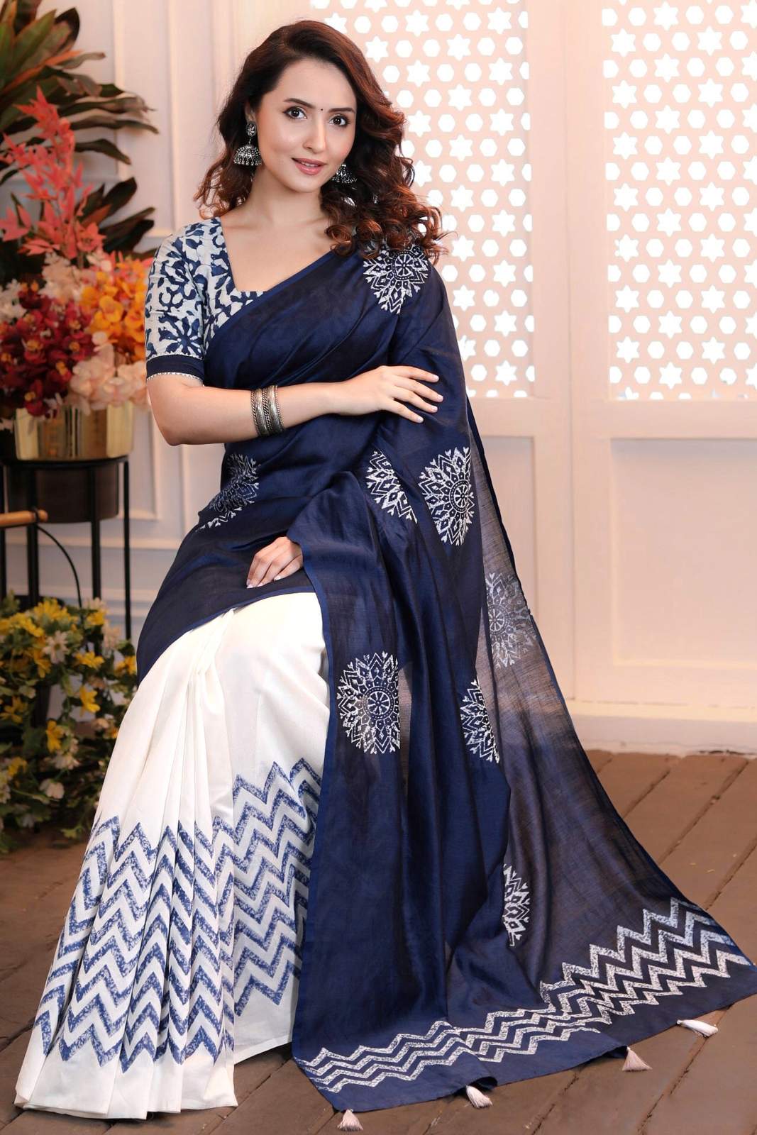 Blue and White Chanderi Silk Digital Print Saree With Unstitched Blouse Piece | DG-164