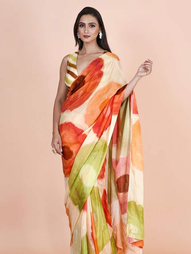 Multicolor Glossy Soft Silk Digital Print Saree with Unstitched Blouse Piece | DG-166