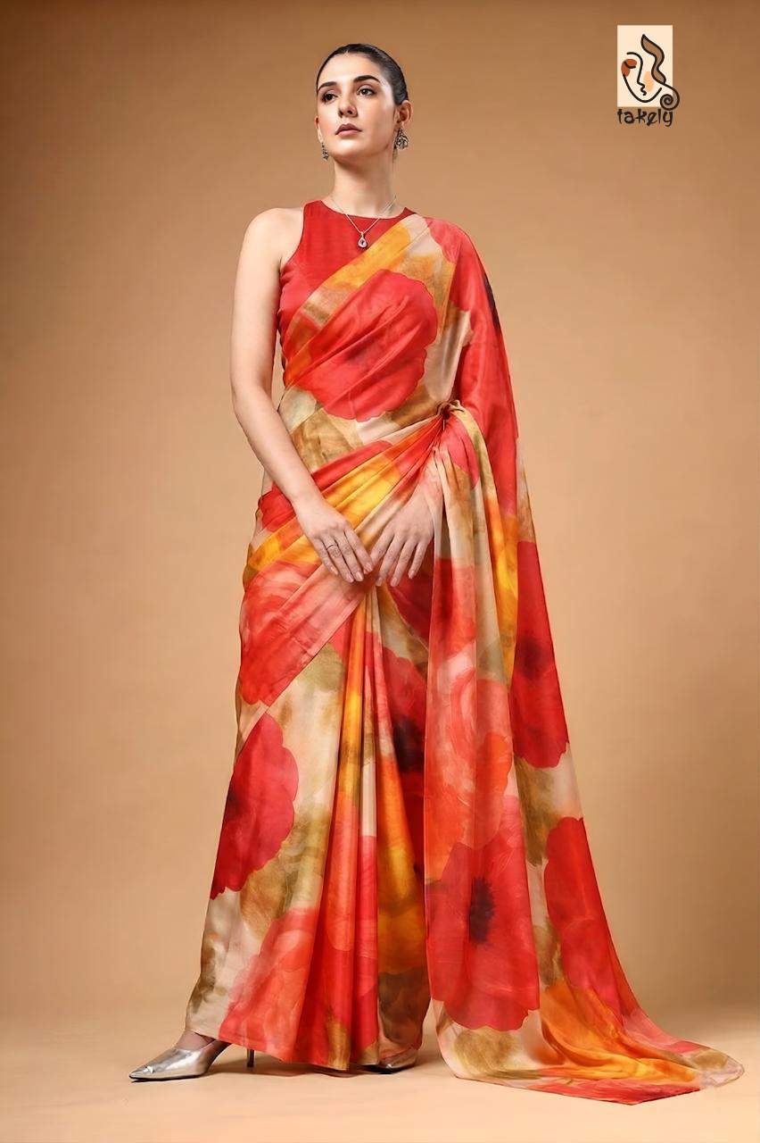 Multicolor Glossy Soft Silk Digital Print Saree with Unstitched Blouse Piece | DG-177