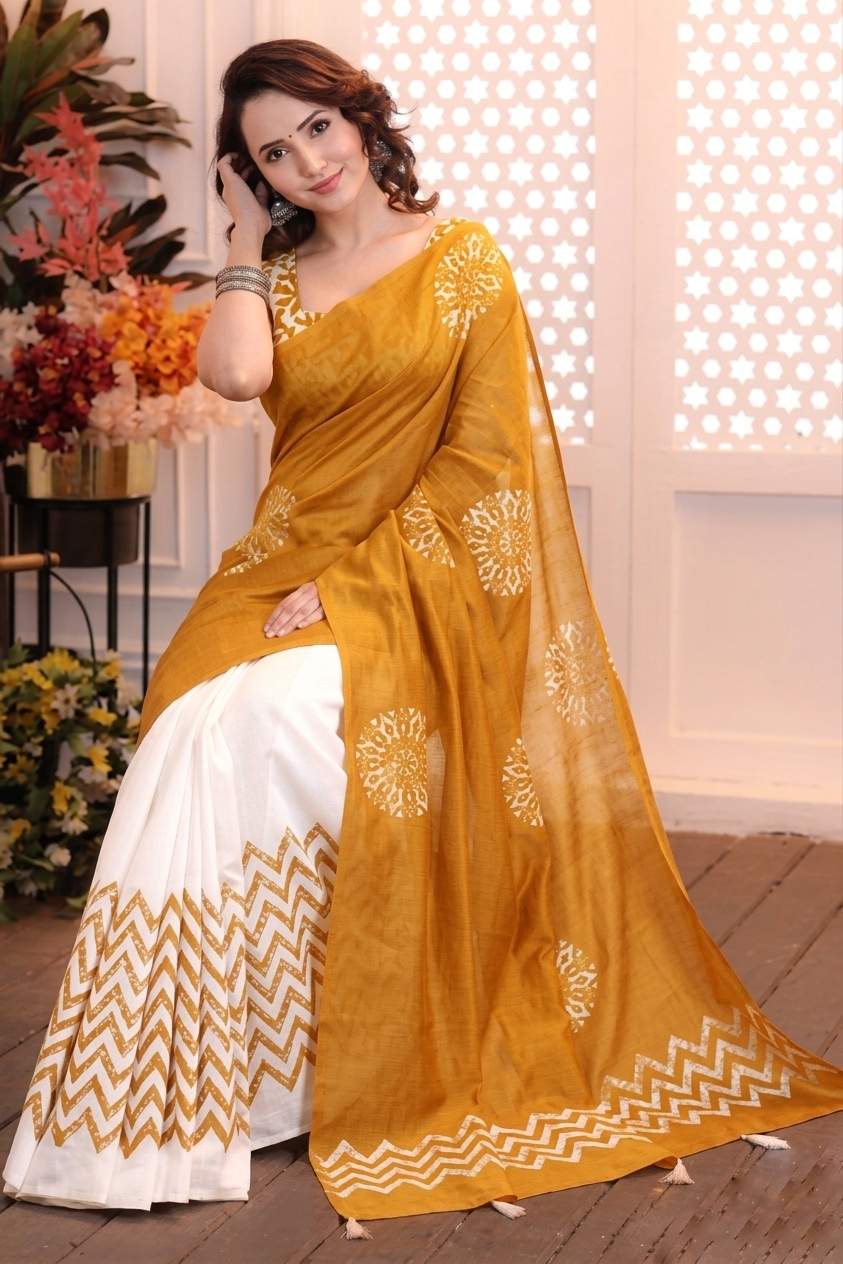Mustard And White Chanderi Silk Digital Print Saree With Unstitched Blouse Piece | DG-180